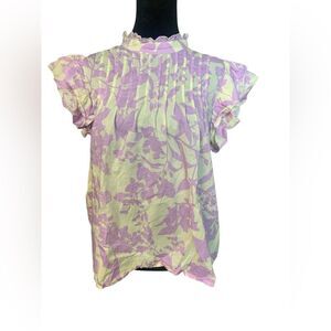 Hausen Sz M 100% Cotton Chic Floral Blouse Ruffle Sleeve PinTuck